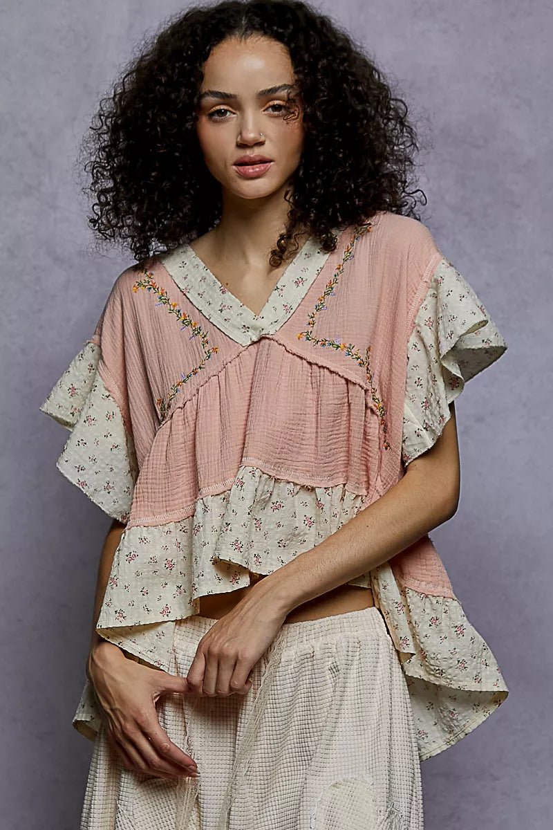 POL Floral V - Neck Short Sleeve Ruffled Double Gauze Blouse with Embroidery Detail - PBNJ FASHIONS