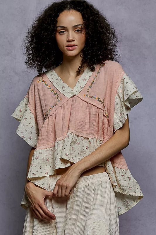 POL Floral V - Neck Short Sleeve Ruffled Double Gauze Blouse with Embroidery Detail - PBNJ FASHIONS