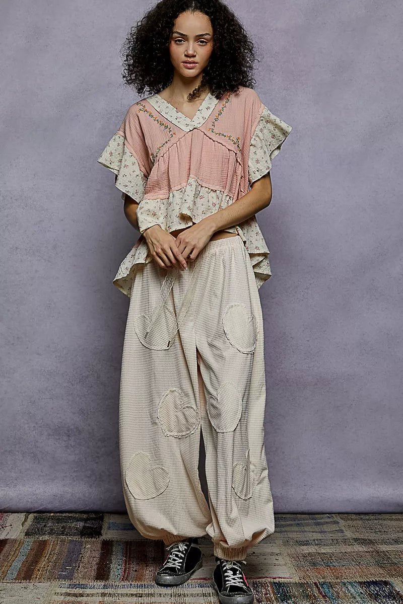 POL Floral V - Neck Short Sleeve Ruffled Double Gauze Blouse with Embroidery Detail - PBNJ FASHIONS
