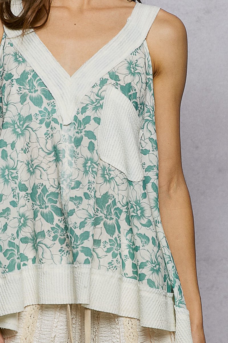 POL Floral V - Neck Tank with Front Pocket - PBNJ FASHIONS