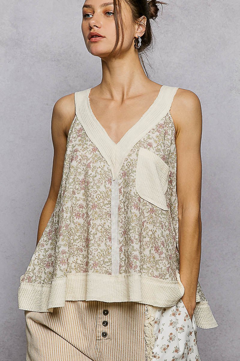 POL Floral V - Neck Tank with Front Pocket - PBNJ FASHIONS