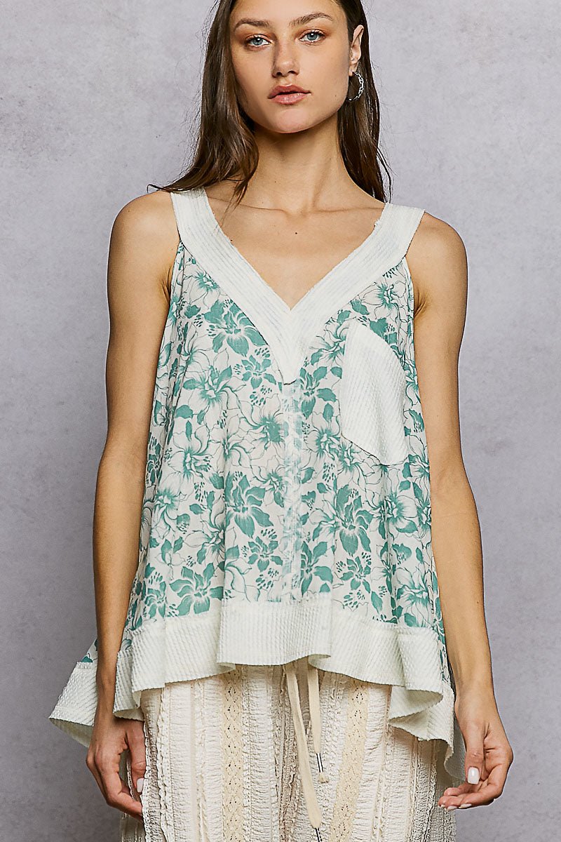 POL Floral V - Neck Tank with Front Pocket - PBNJ FASHIONS