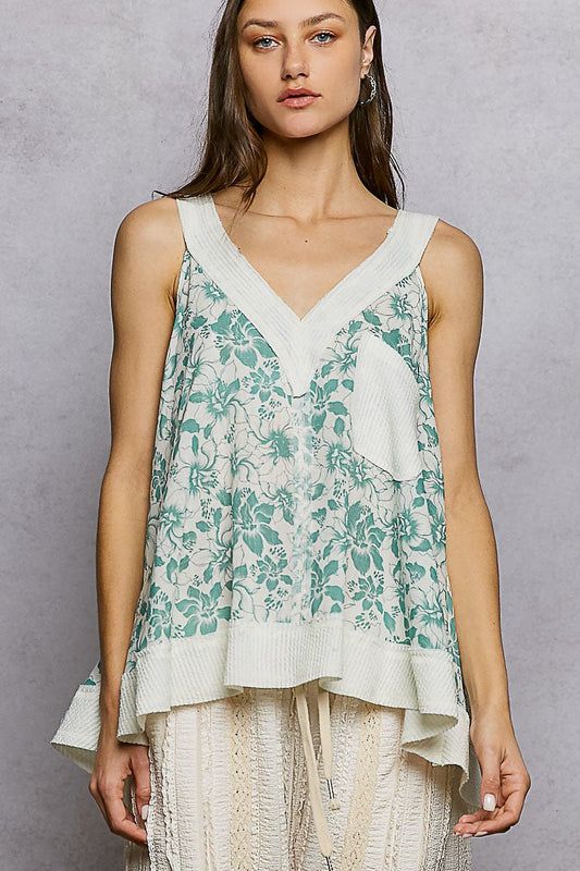 POL Floral V - Neck Tank with Front Pocket - PBNJ FASHIONS