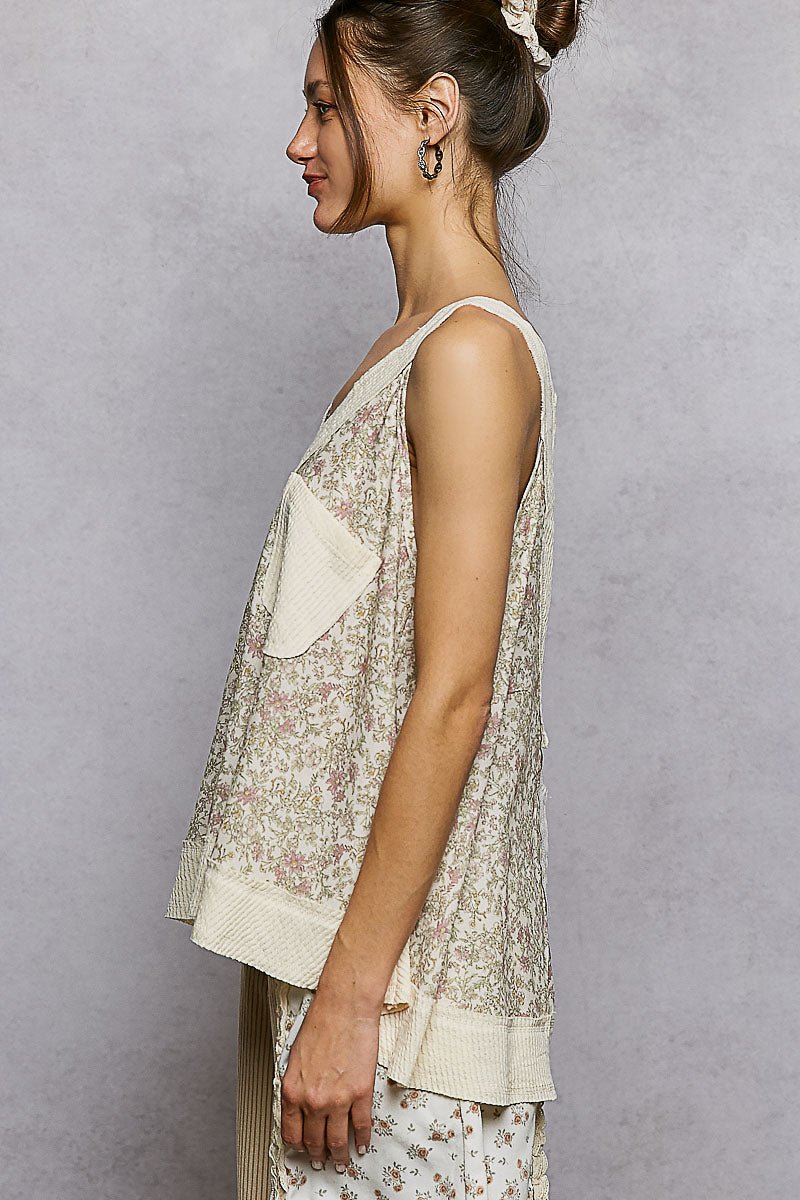 POL Floral V - Neck Tank with Front Pocket - PBNJ FASHIONS