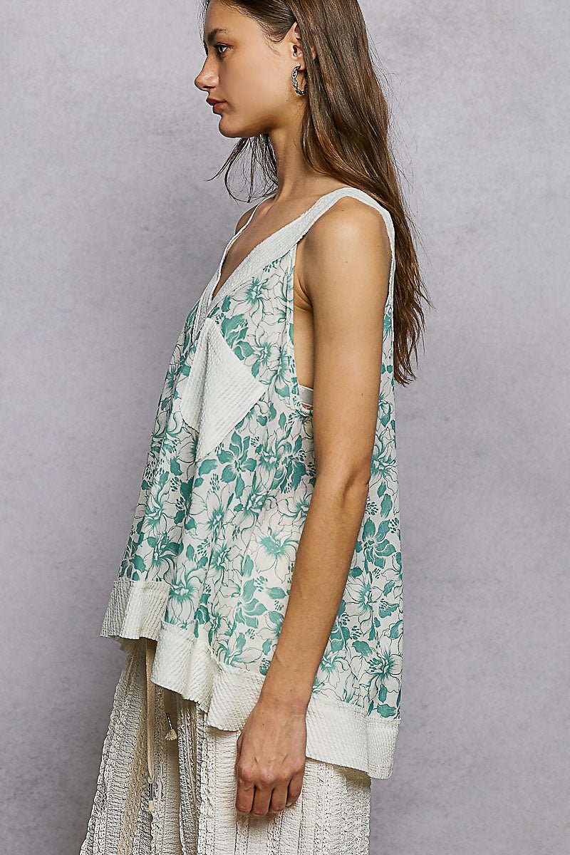 POL Floral V - Neck Tank with Front Pocket - PBNJ FASHIONS