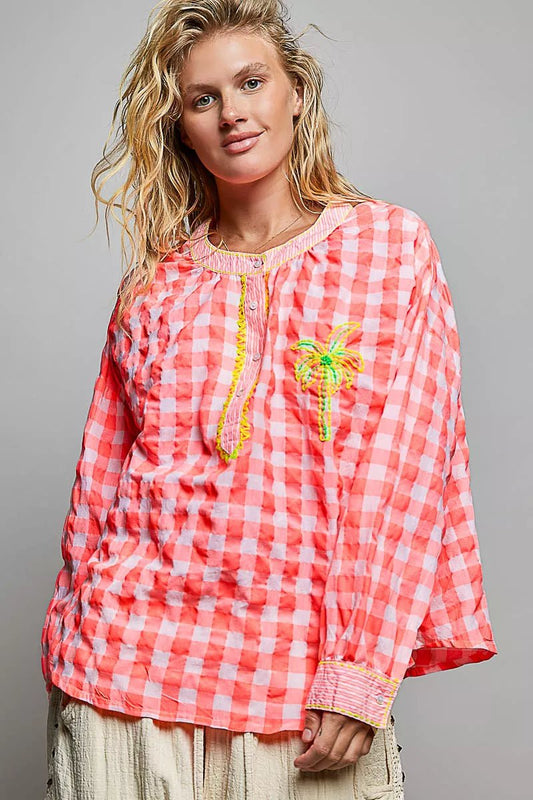 POL Gingham Embroidered Palm Tree Blouse - PBNJ FASHIONS