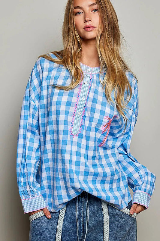 POL Gingham Embroidered Palm Tree Blouse - PBNJ FASHIONS