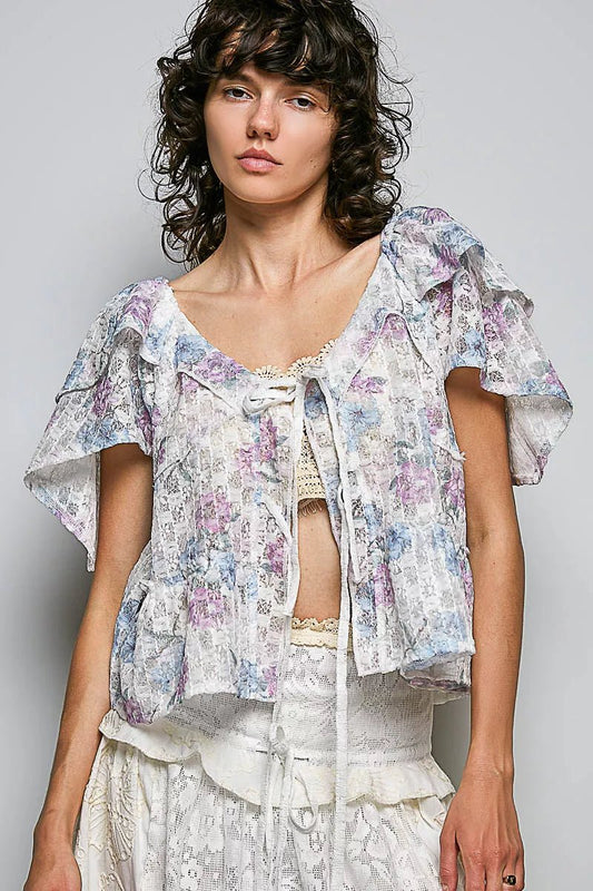 POL Lace Detail Floral Tie Front Ruffle Short Sleeve Blouse - PBNJ FASHIONS
