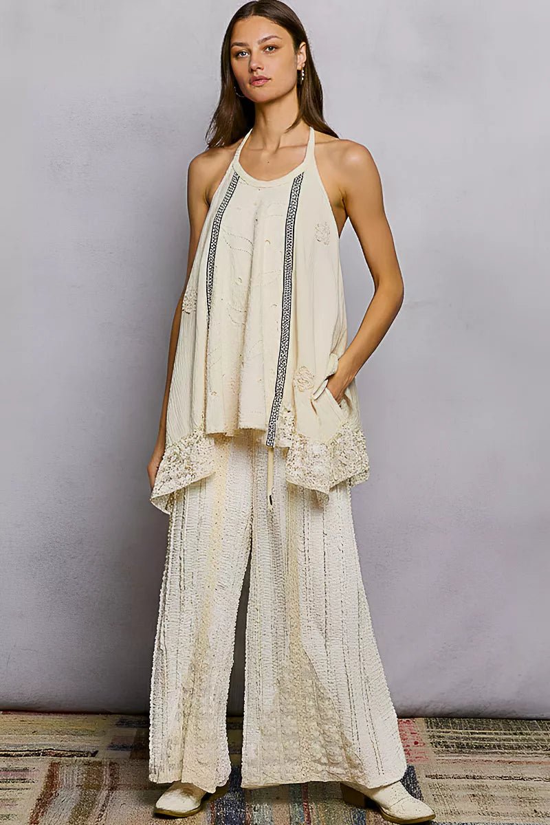 POL Lace Ruffle Halter Neck Double Gauze Top with Crochet Patch - PBNJ FASHIONS