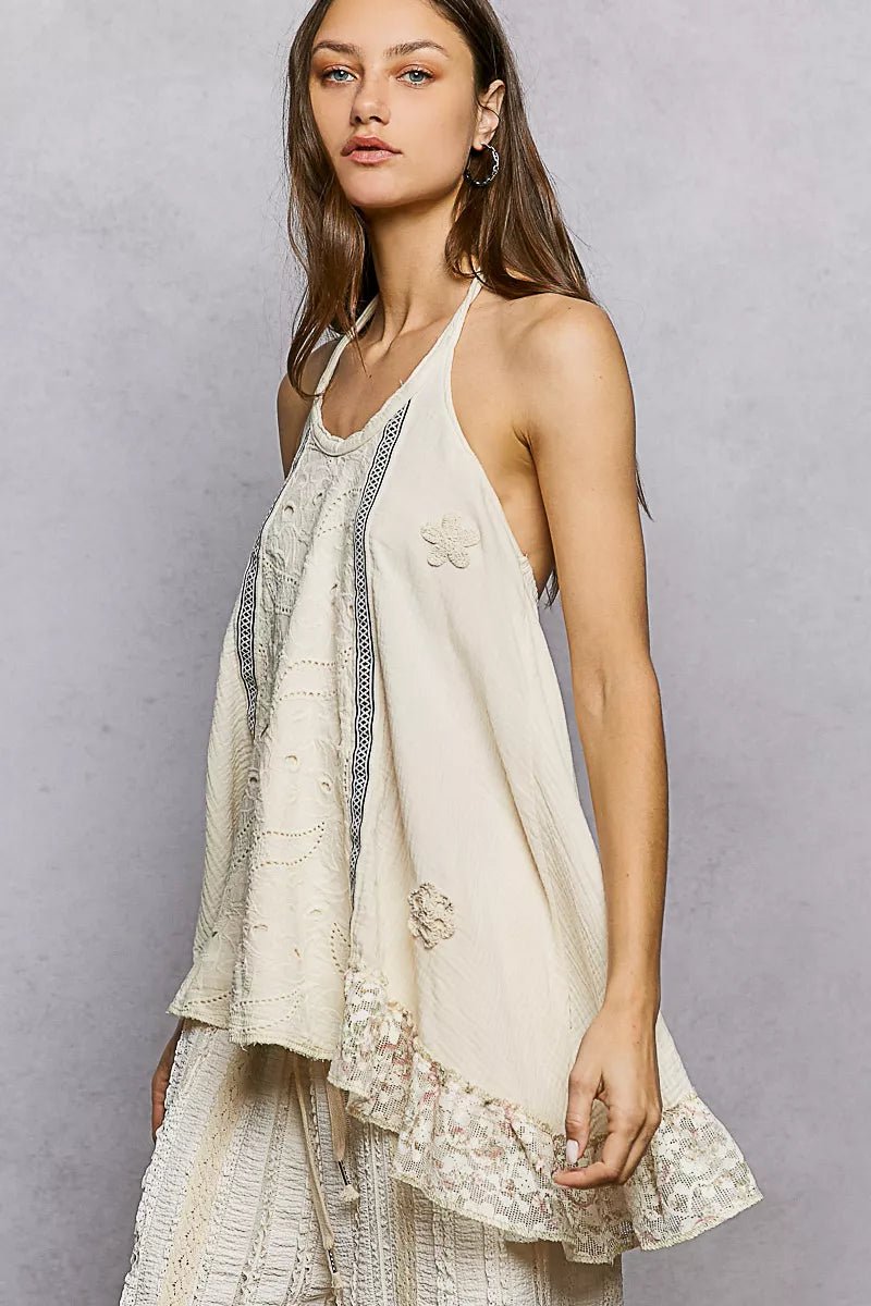 POL Lace Ruffle Halter Neck Double Gauze Top with Crochet Patch - PBNJ FASHIONS