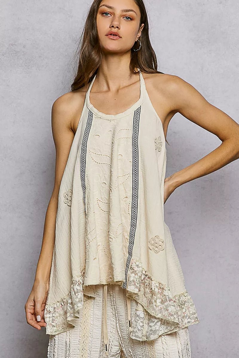 POL Lace Ruffle Halter Neck Double Gauze Top with Crochet Patch - PBNJ FASHIONS