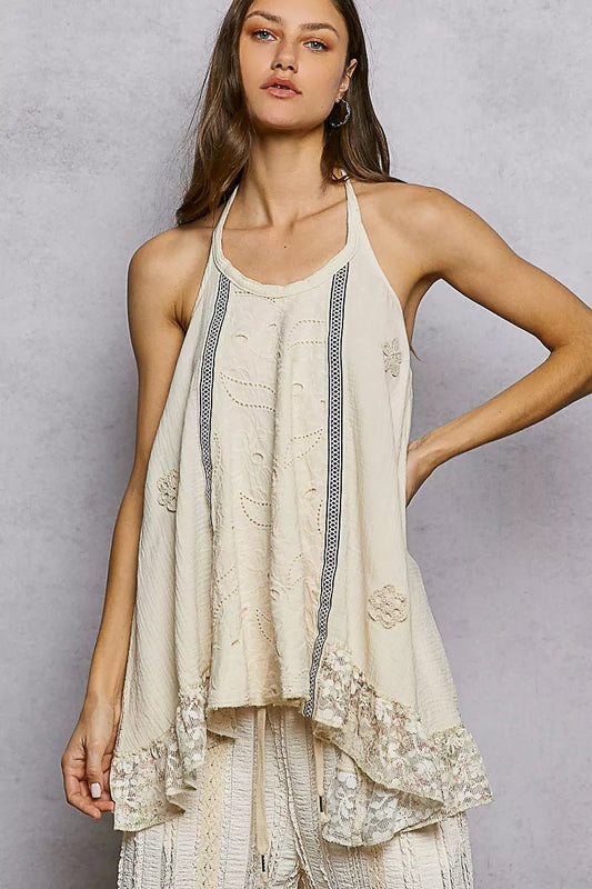 POL Lace Ruffle Halter Neck Double Gauze Top with Crochet Patch - PBNJ FASHIONS