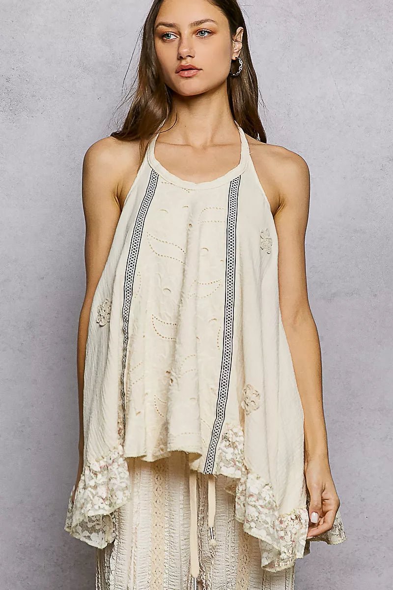 POL Lace Ruffle Halter Neck Double Gauze Top with Crochet Patch - PBNJ FASHIONS