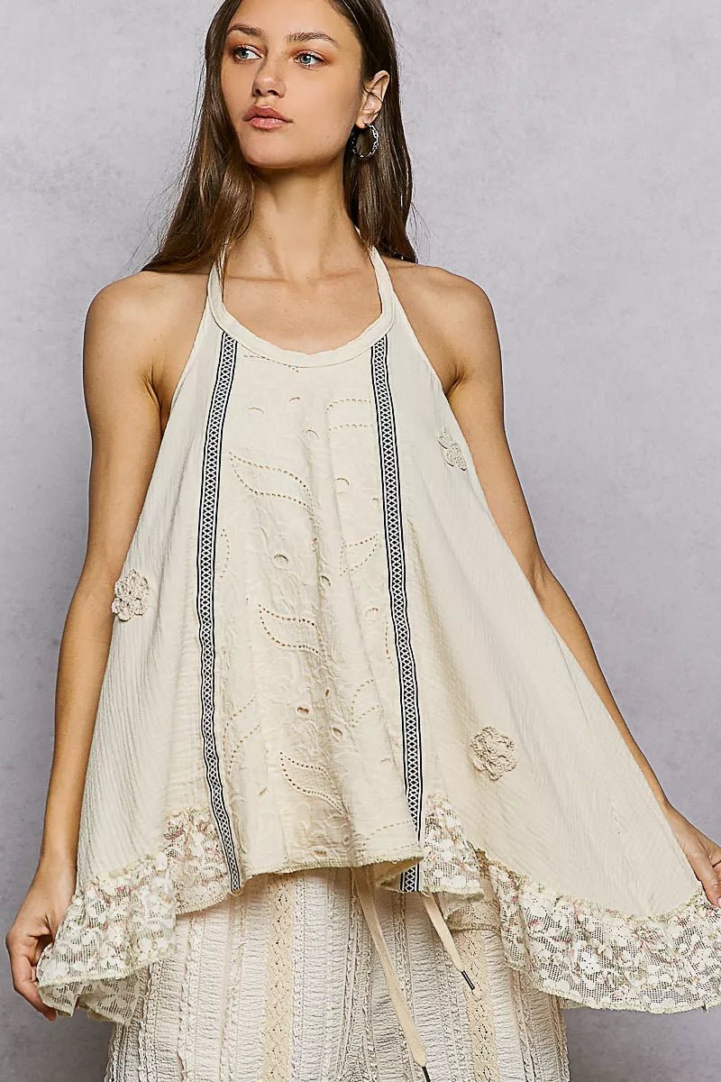 POL Lace Ruffle Halter Neck Double Gauze Top with Crochet Patch - PBNJ FASHIONS