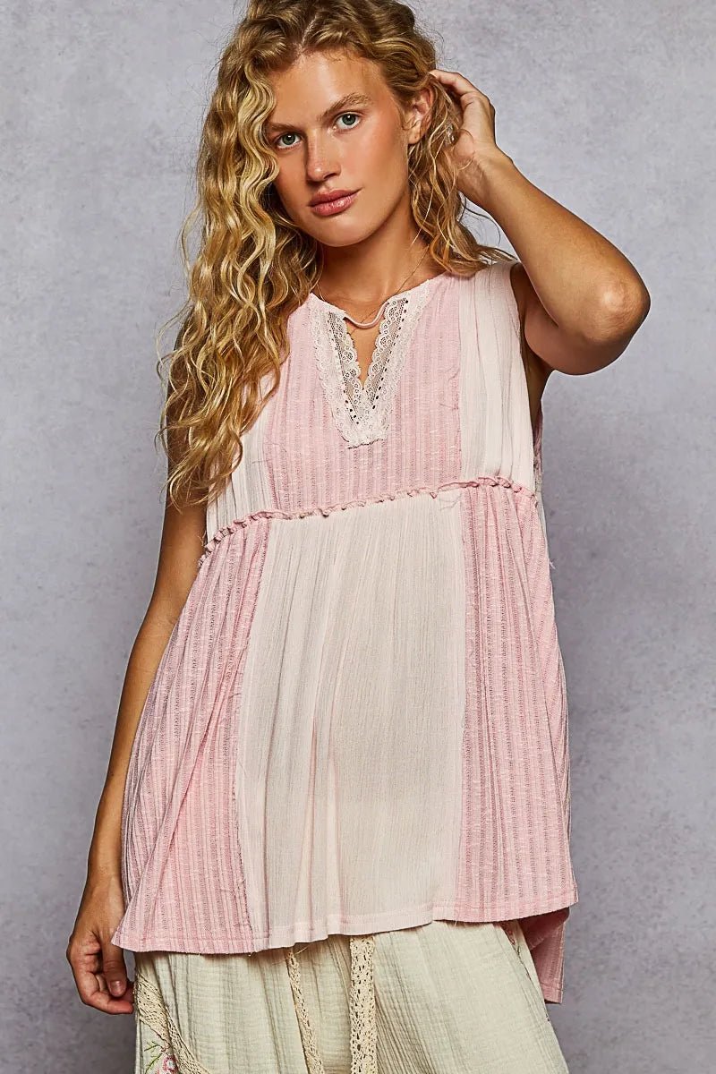 POL Lace Trim Two - Tone Tank with Pintuck Detail - PBNJ FASHIONS
