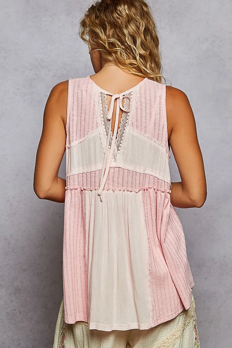 POL Lace Trim Two - Tone Tank with Pintuck Detail - PBNJ FASHIONS