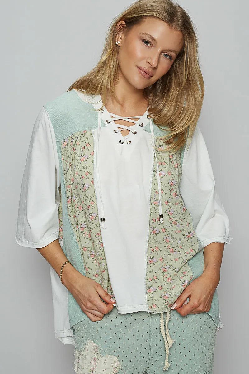 POL Lace - Up Hooded T-Shirt with Paisley Panel Detail - PBNJ FASHIONS