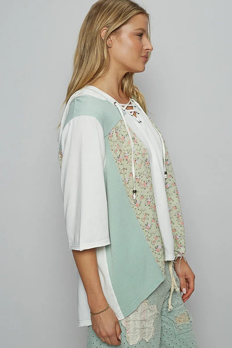 POL Lace - Up Hooded T-Shirt with Paisley Panel Detail - PBNJ FASHIONS