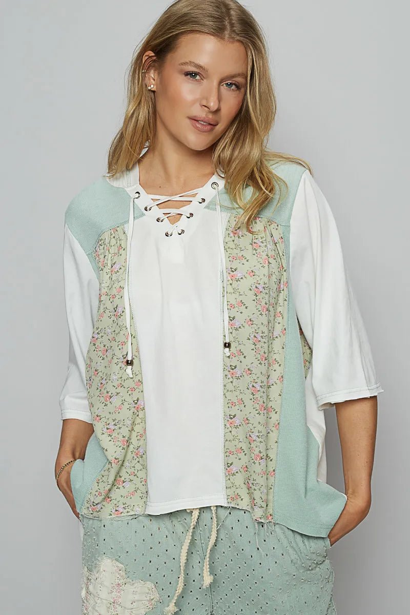 POL Lace - Up Hooded T-Shirt with Paisley Panel Detail - PBNJ FASHIONS