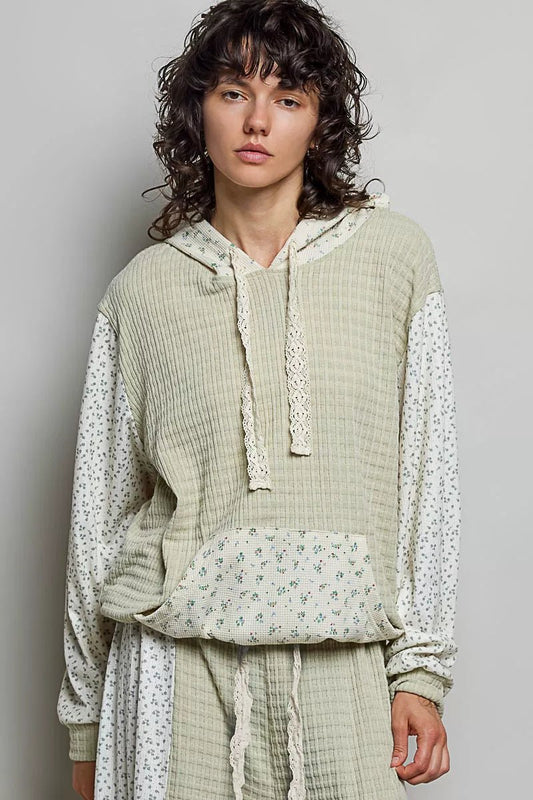 POL Mixed Knit Contrast Print Sleeve Hoodie with Kangaroo Pocket - PBNJ FASHIONS