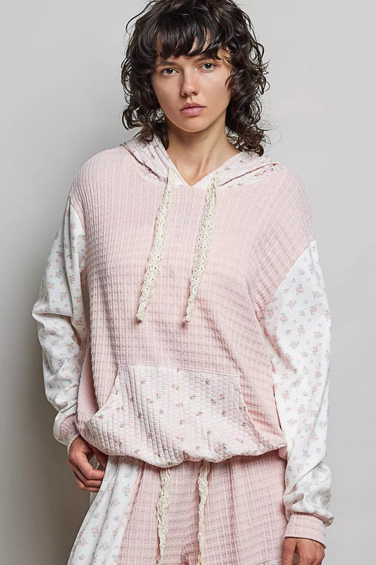 POL Mixed Knit Contrast Print Sleeve Hoodie with Kangaroo Pocket - PBNJ FASHIONS