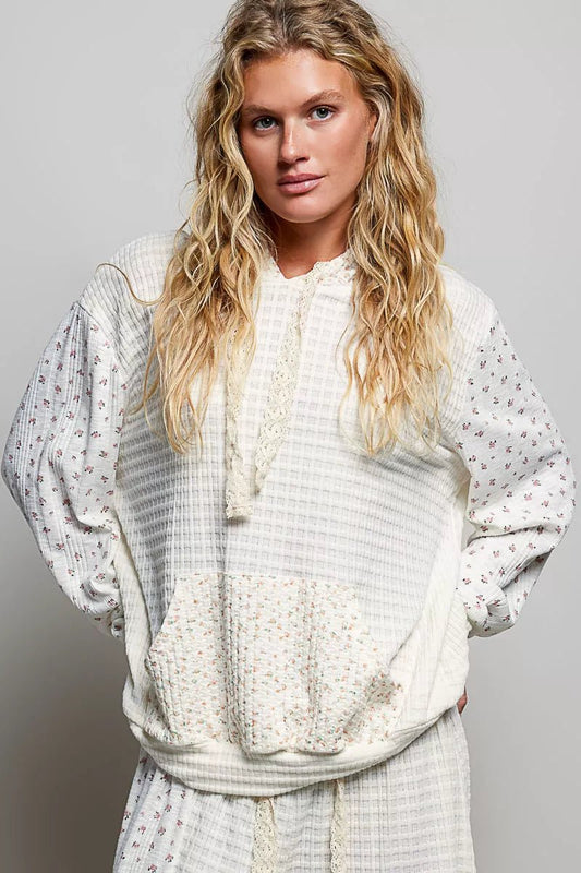 POL Mixed Knit Contrast Print Sleeve Hoodie with Kangaroo Pocket - PBNJ FASHIONS