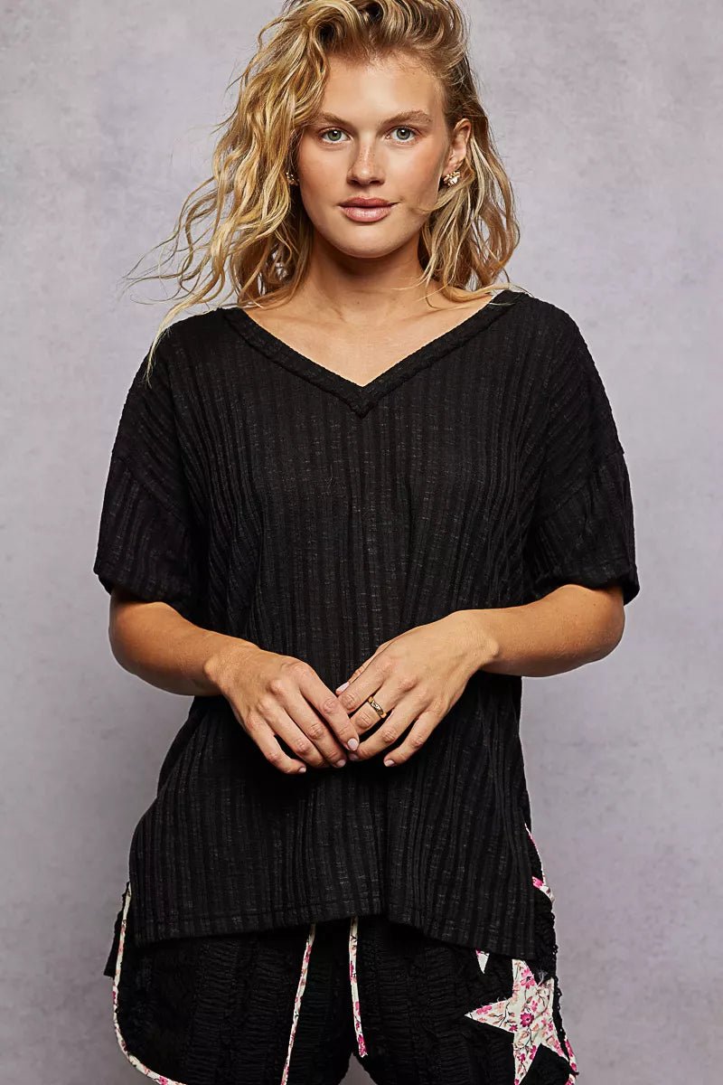 POL Ribbed Knit V - Neck Short Sleeve T-Shirt - PBNJ FASHIONS