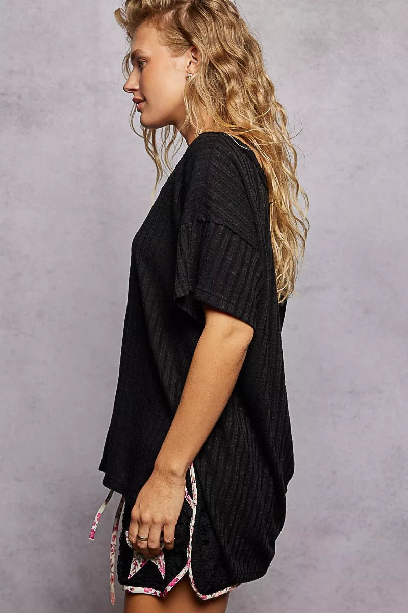 POL Ribbed Knit V - Neck Short Sleeve T-Shirt - PBNJ FASHIONS