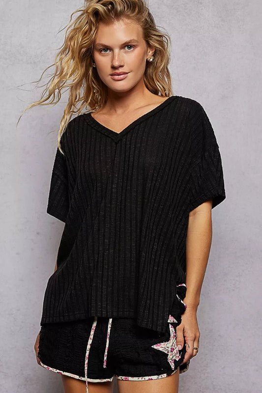 POL Ribbed Knit V - Neck Short Sleeve T-Shirt - PBNJ FASHIONS