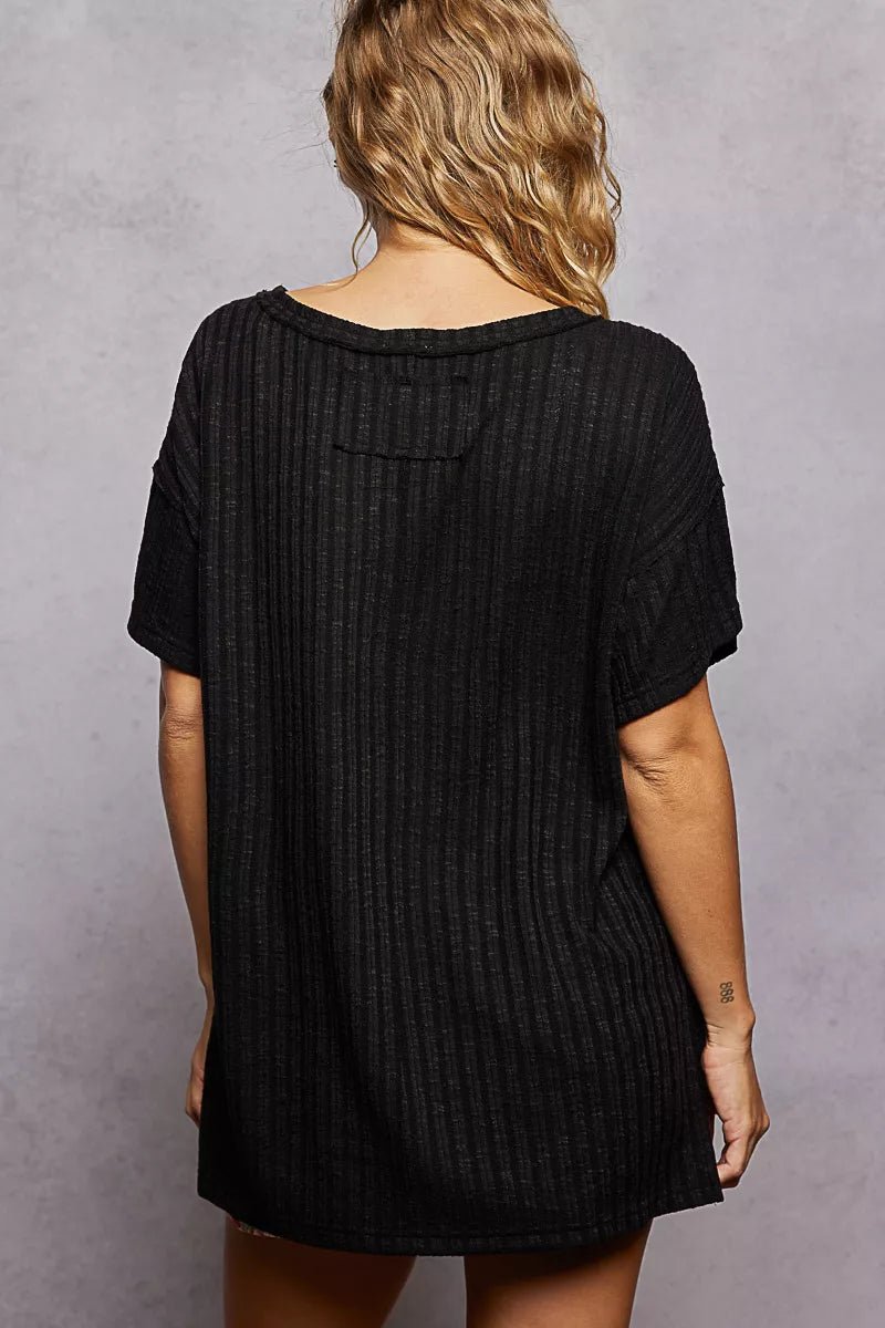 POL Ribbed Knit V - Neck Short Sleeve T-Shirt - PBNJ FASHIONS