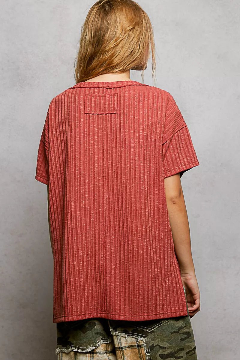 POL Ribbed Knit V - Neck Short Sleeve T-Shirt with Side Slit - PBNJ FASHIONS