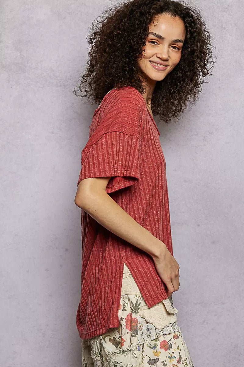 POL Ribbed Knit V - Neck Short Sleeve T-Shirt with Side Slit - PBNJ FASHIONS