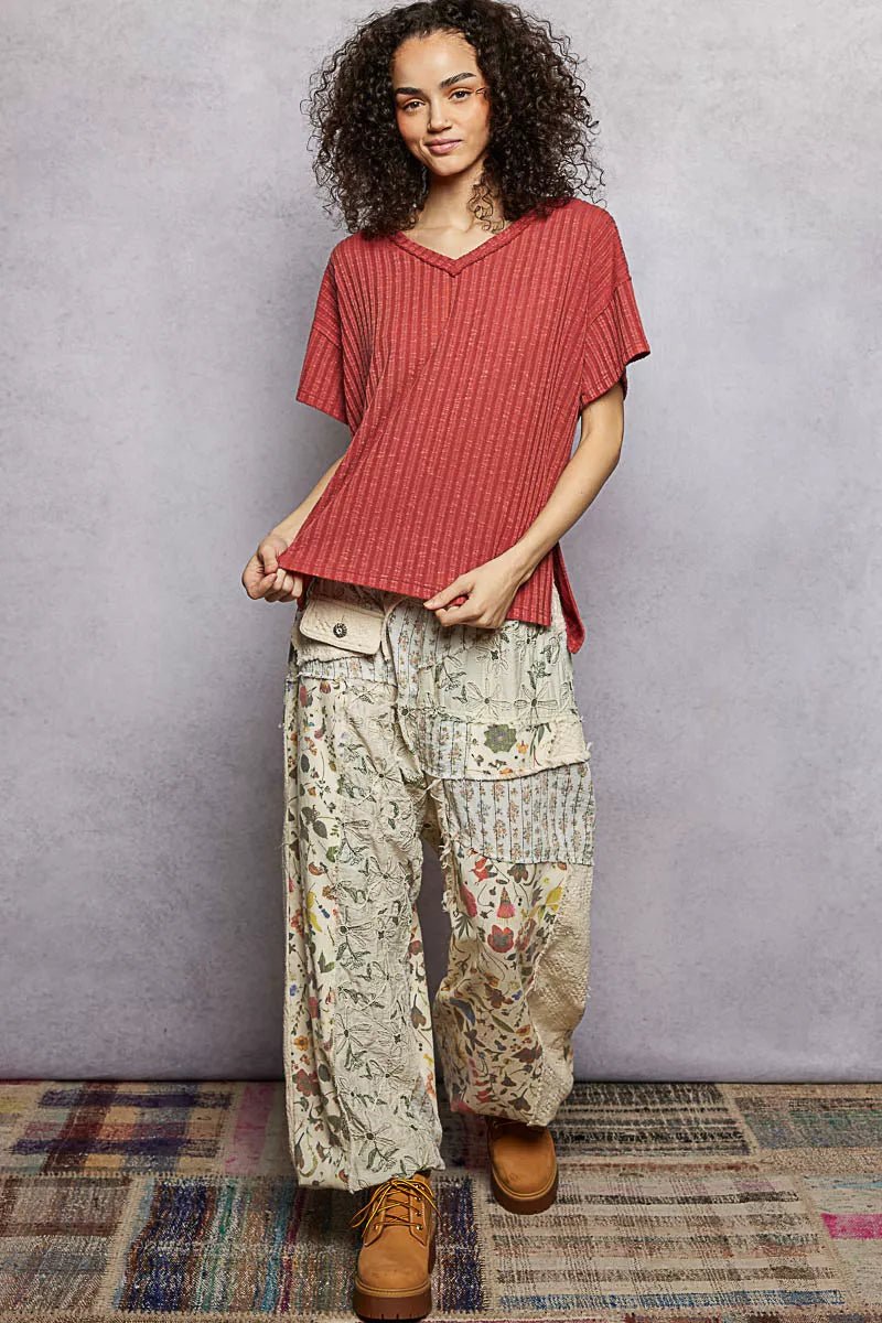 POL Ribbed Knit V - Neck Short Sleeve T-Shirt with Side Slit - PBNJ FASHIONS