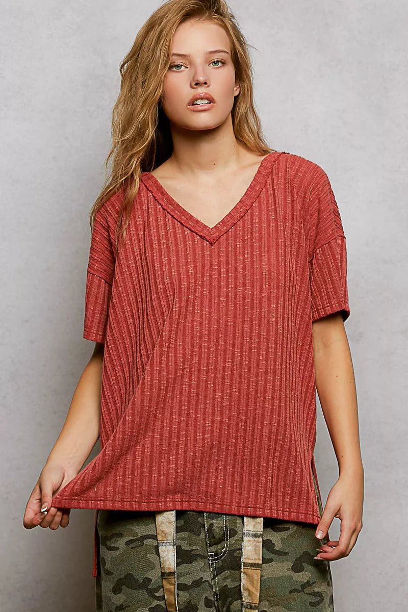 POL Ribbed Knit V - Neck Short Sleeve T-Shirt with Side Slit - PBNJ FASHIONS