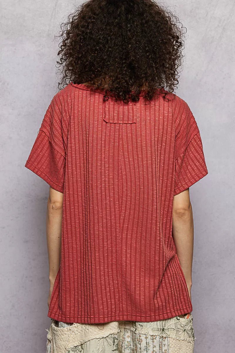 POL Ribbed Knit V - Neck Short Sleeve T-Shirt with Side Slit - PBNJ FASHIONS