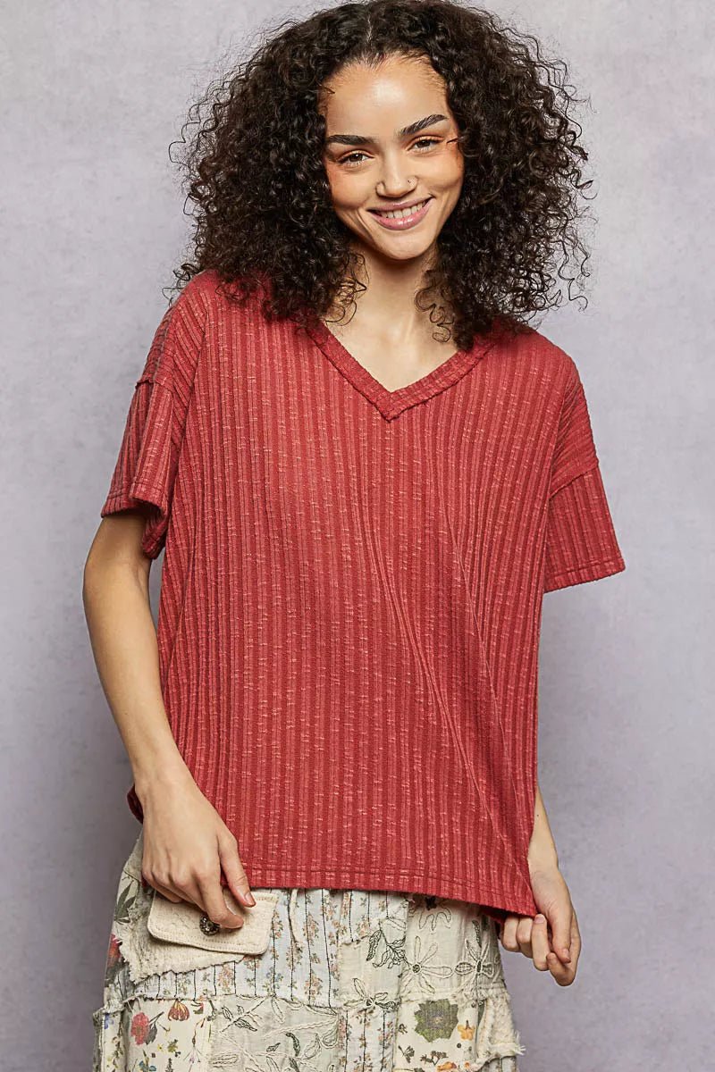 POL Ribbed Knit V - Neck Short Sleeve T-Shirt with Side Slit - PBNJ FASHIONS