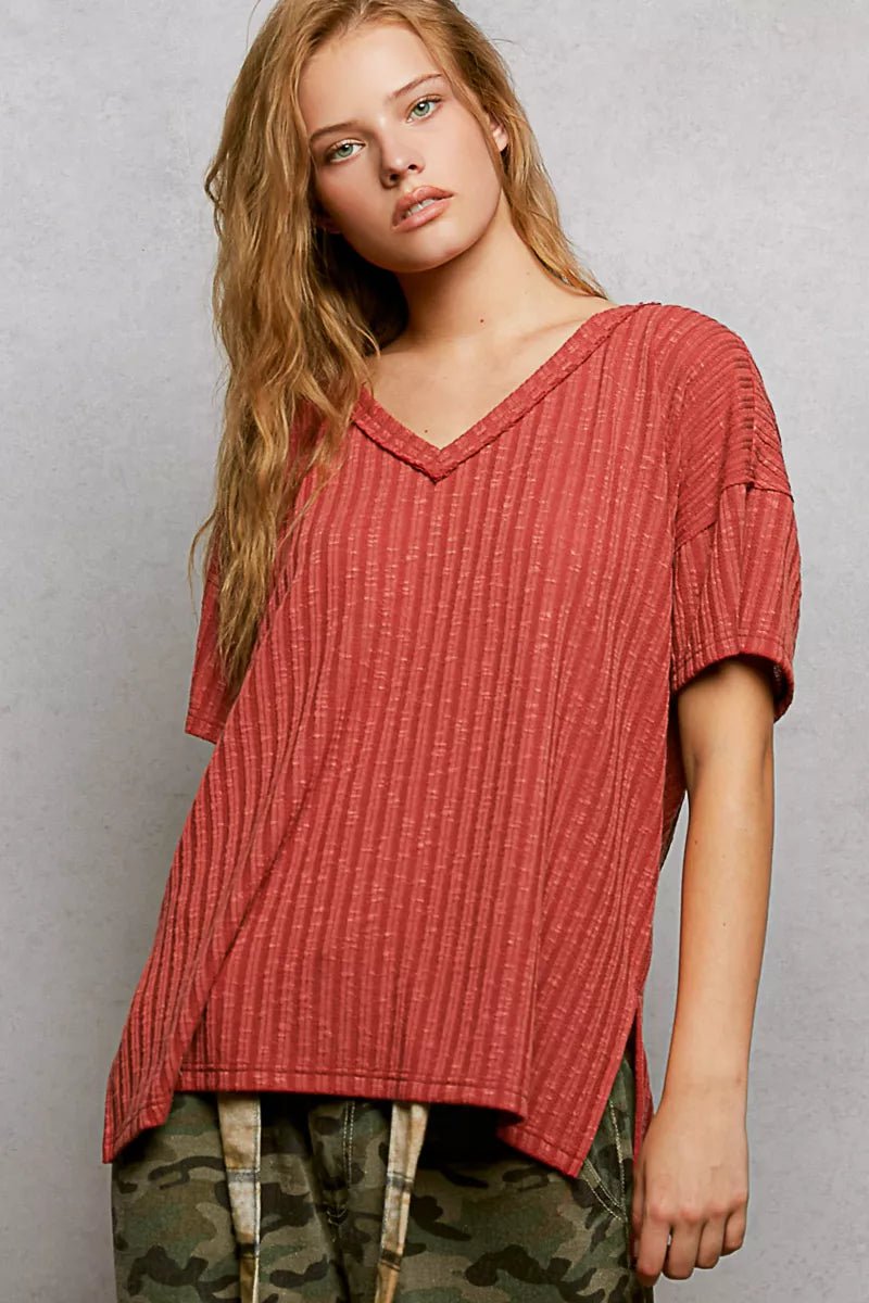 POL Ribbed Knit V - Neck Short Sleeve T-Shirt with Side Slit - PBNJ FASHIONS