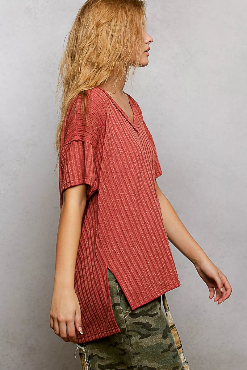 POL Ribbed Knit V - Neck Short Sleeve T-Shirt with Side Slit - PBNJ FASHIONS
