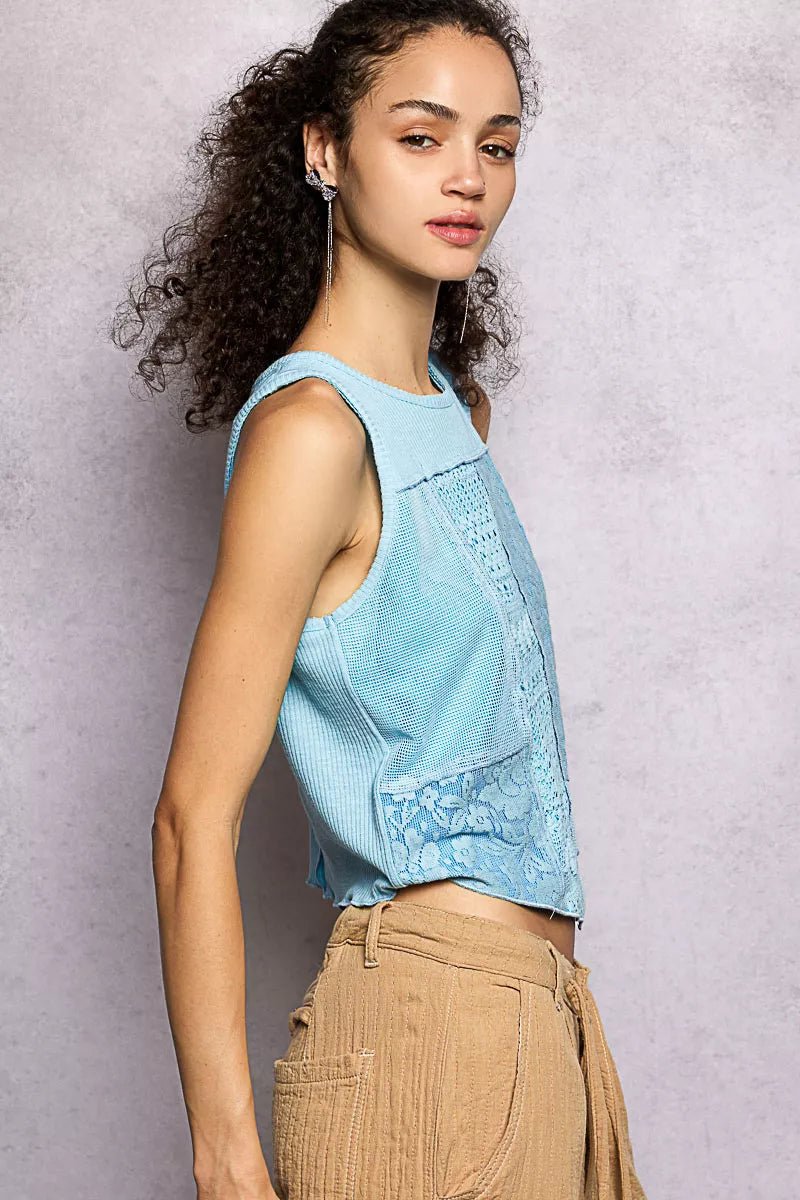 POL Ribbed Round Neck Cropped Tank with Lace Detail - PBNJ FASHIONS