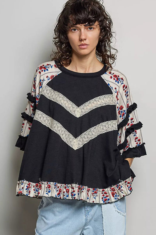 POL Round Neck Half Sleeve Contrast Floral Lace Oversized Knit Top - PBNJ FASHIONS