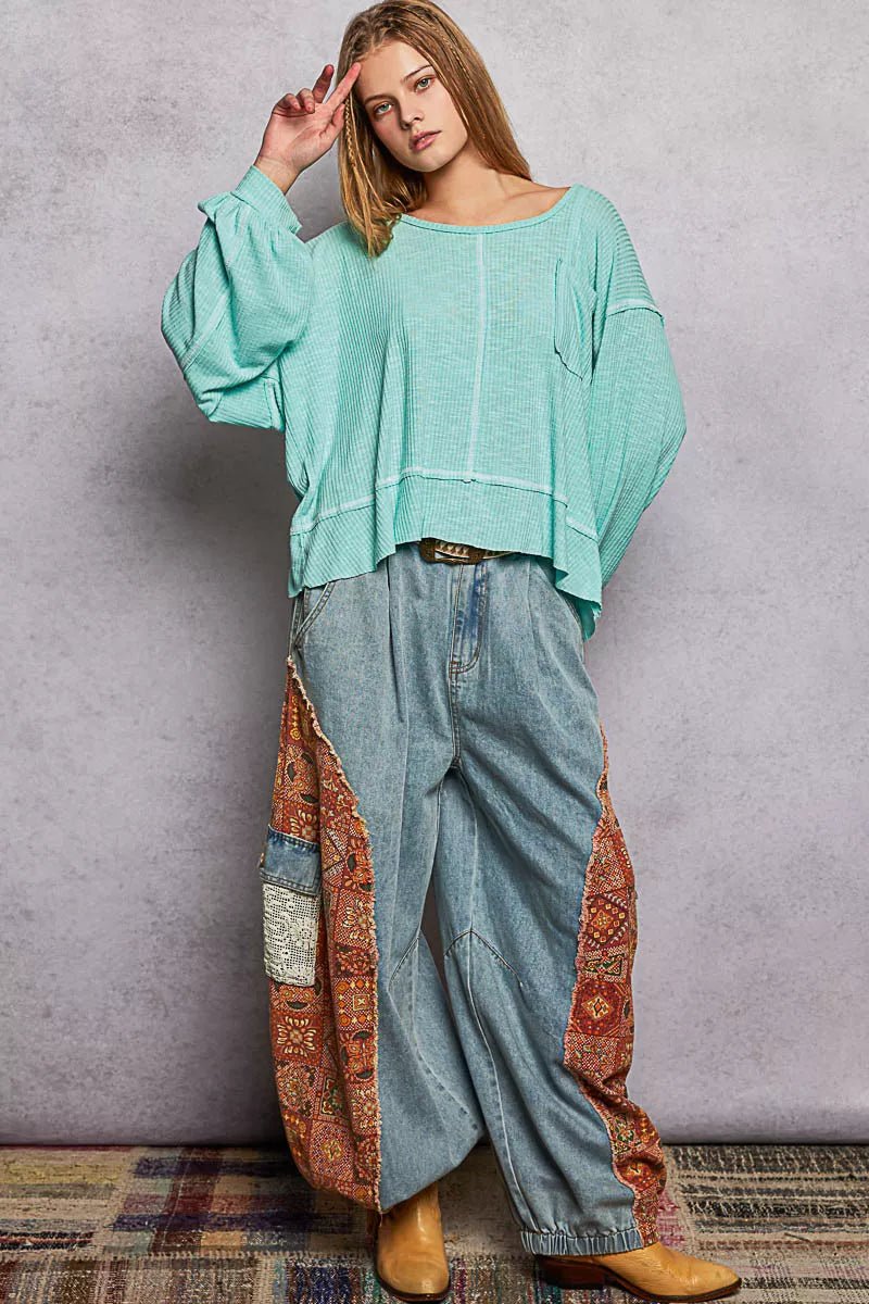 POL Round Neck Long Sleeve Exposed Seam Top with Chest Pocket - PBNJ FASHIONS