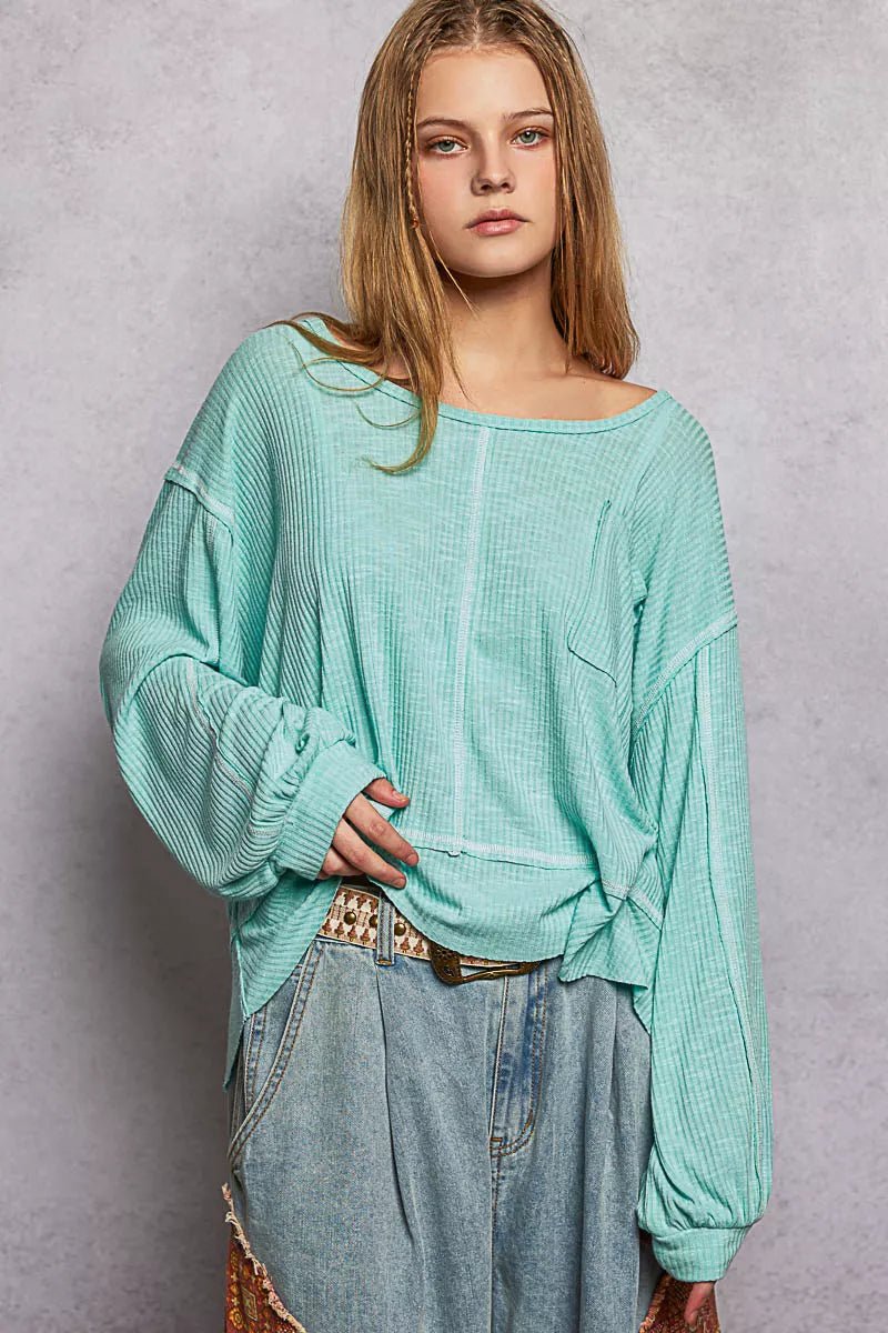 POL Round Neck Long Sleeve Exposed Seam Top with Chest Pocket - PBNJ FASHIONS
