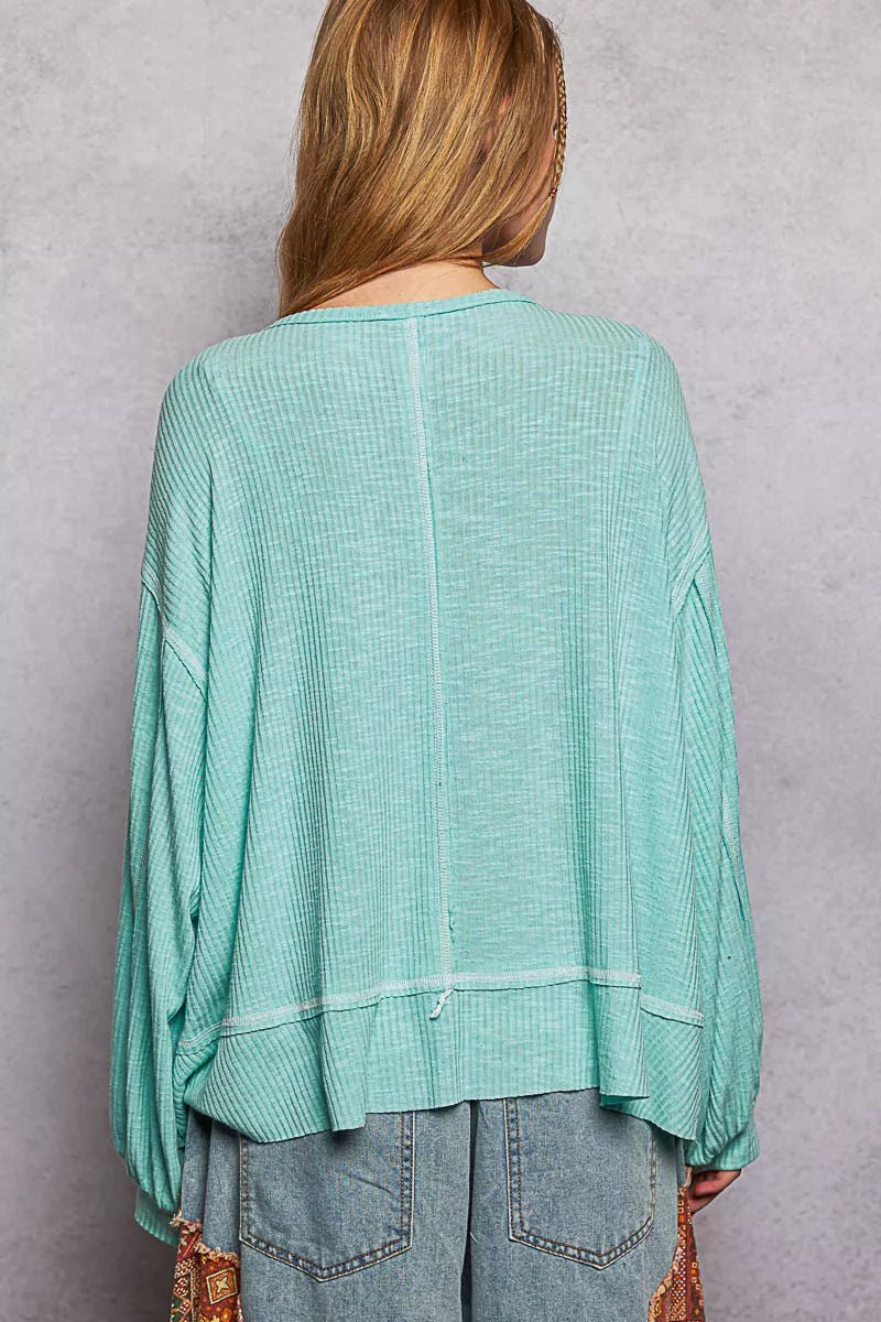 POL Round Neck Long Sleeve Exposed Seam Top with Chest Pocket - PBNJ FASHIONS