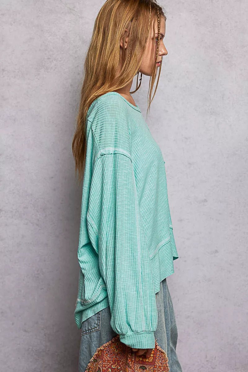 POL Round Neck Long Sleeve Exposed Seam Top with Chest Pocket - PBNJ FASHIONS