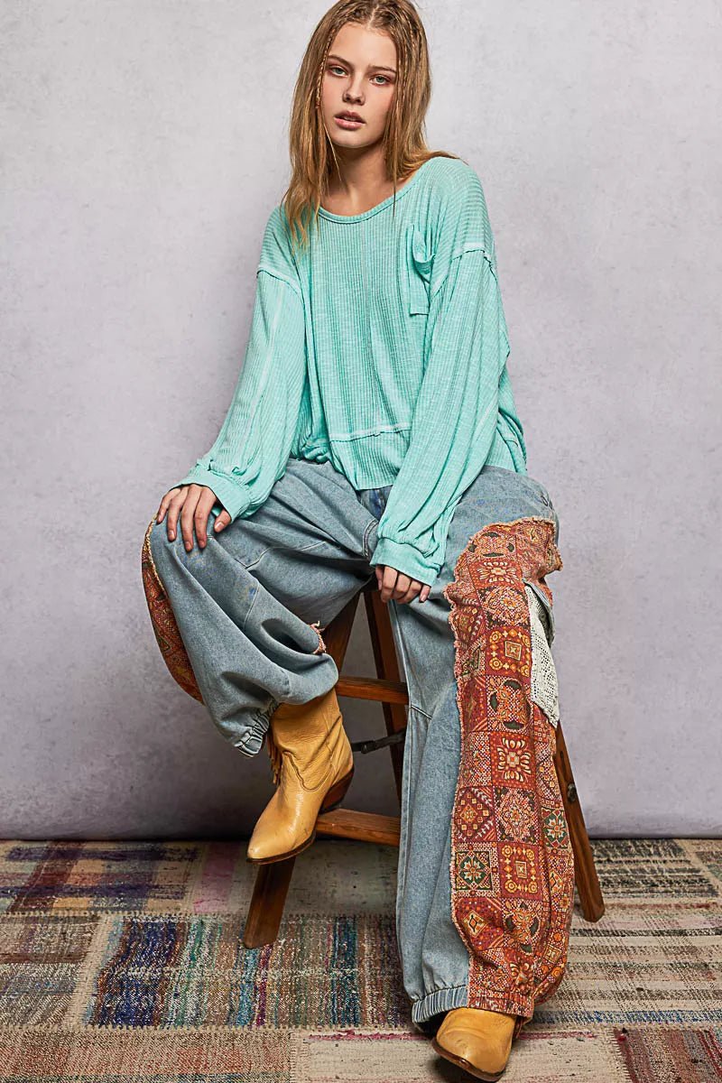 POL Round Neck Long Sleeve Exposed Seam Top with Chest Pocket - PBNJ FASHIONS