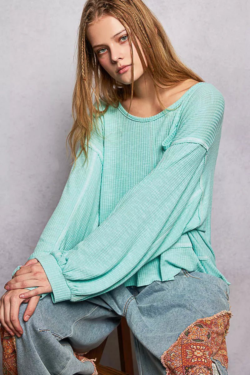 POL Round Neck Long Sleeve Exposed Seam Top with Chest Pocket - PBNJ FASHIONS