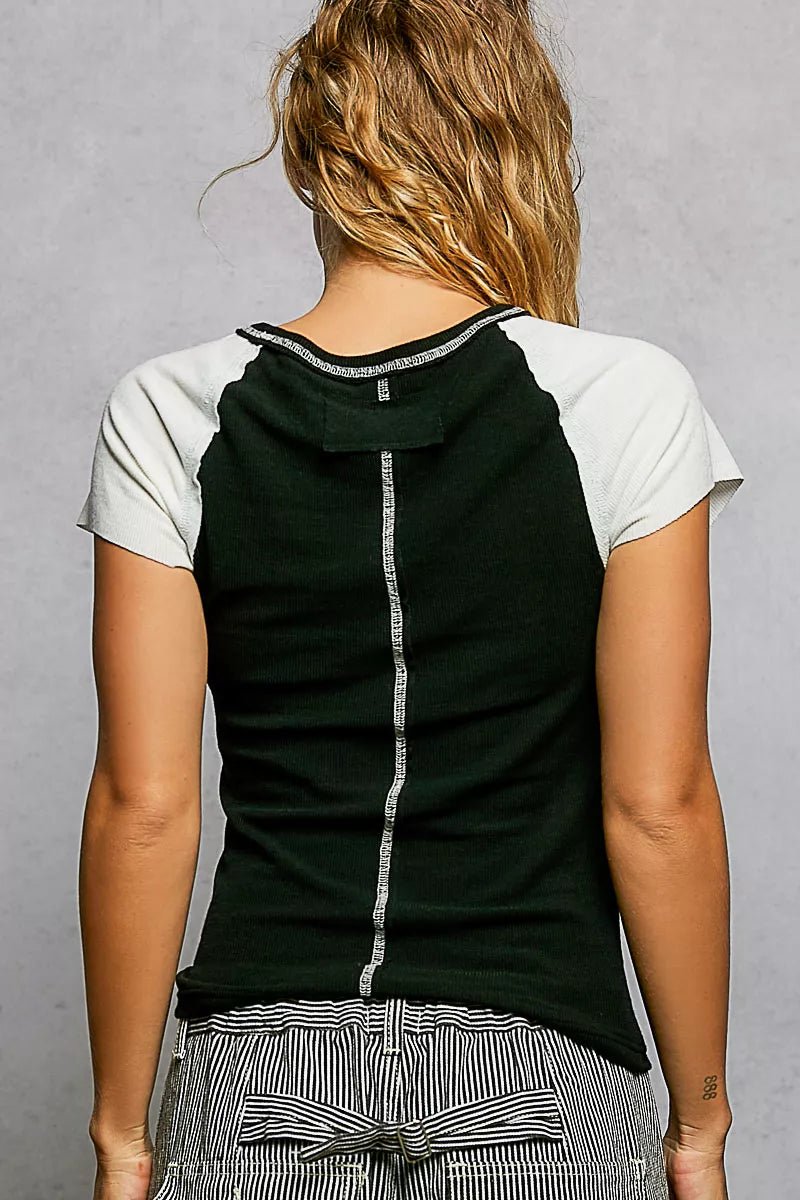 POL Round Neck Outseam Detail T-Shirt with Contrast Color Sleeves - PBNJ FASHIONS