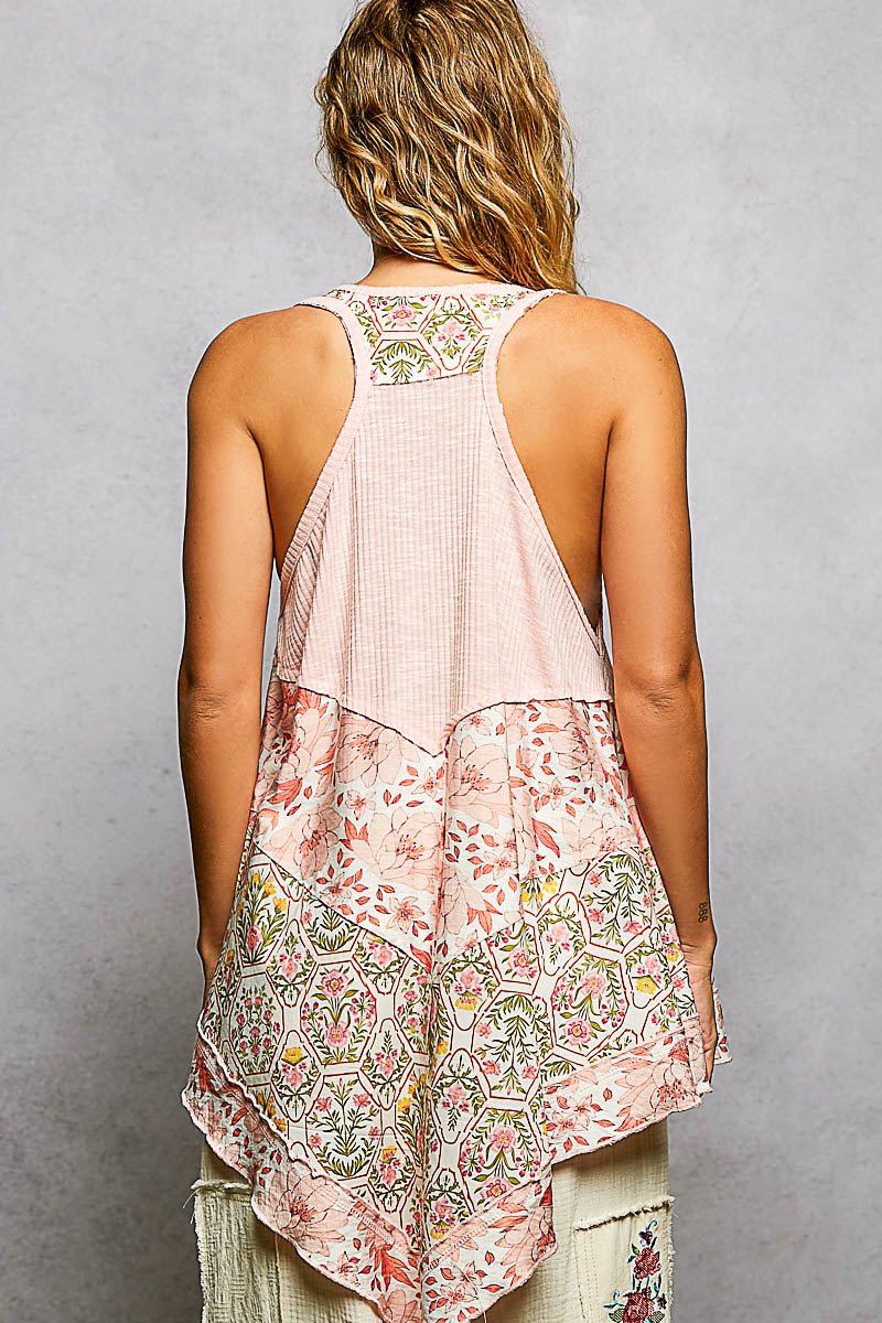POL Round Neck Ribbed Tank with Woven Print Patch - PBNJ FASHIONS