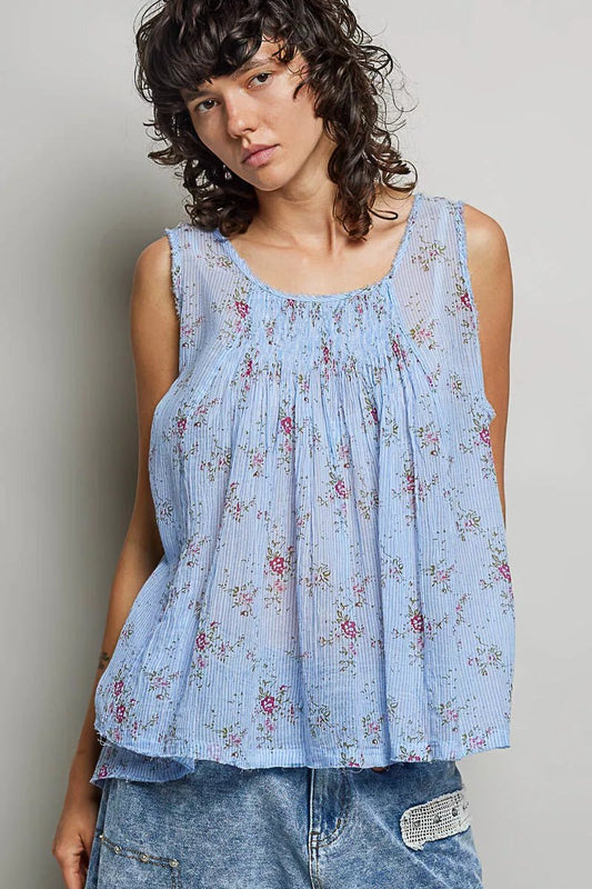 POL Round Neck Sleeveless Floral Pleated Cotton Top - PBNJ FASHIONS