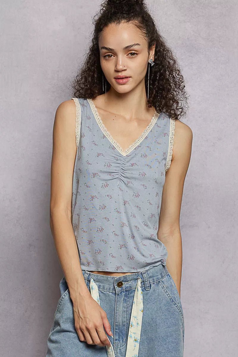 POL Ruched Floral V - Neck Tank with Lace Detail - PBNJ FASHIONS